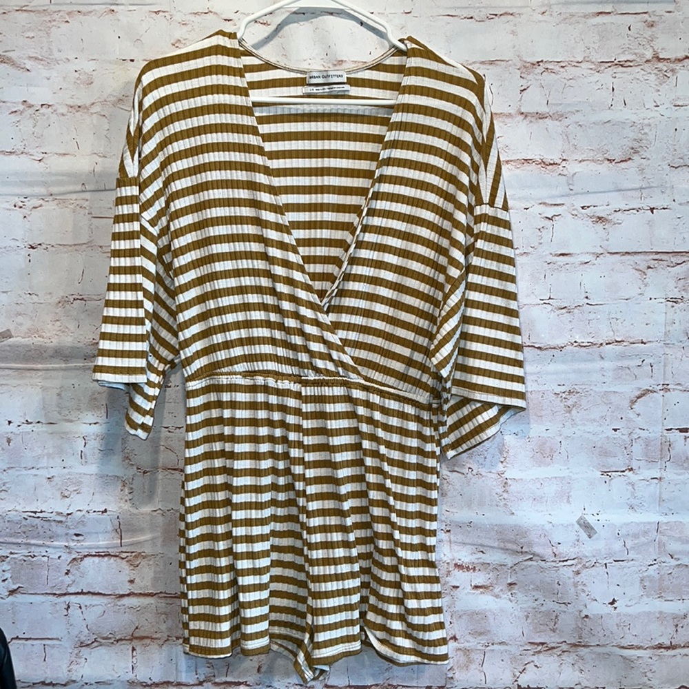 Urban Outfitters romper shorts big sleeves deep v neck mustard white stripe